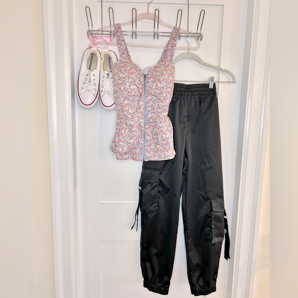 Shiny black cargo pants